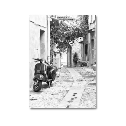 Quiet Streets Vintage Scooter Black And White Canvas Print