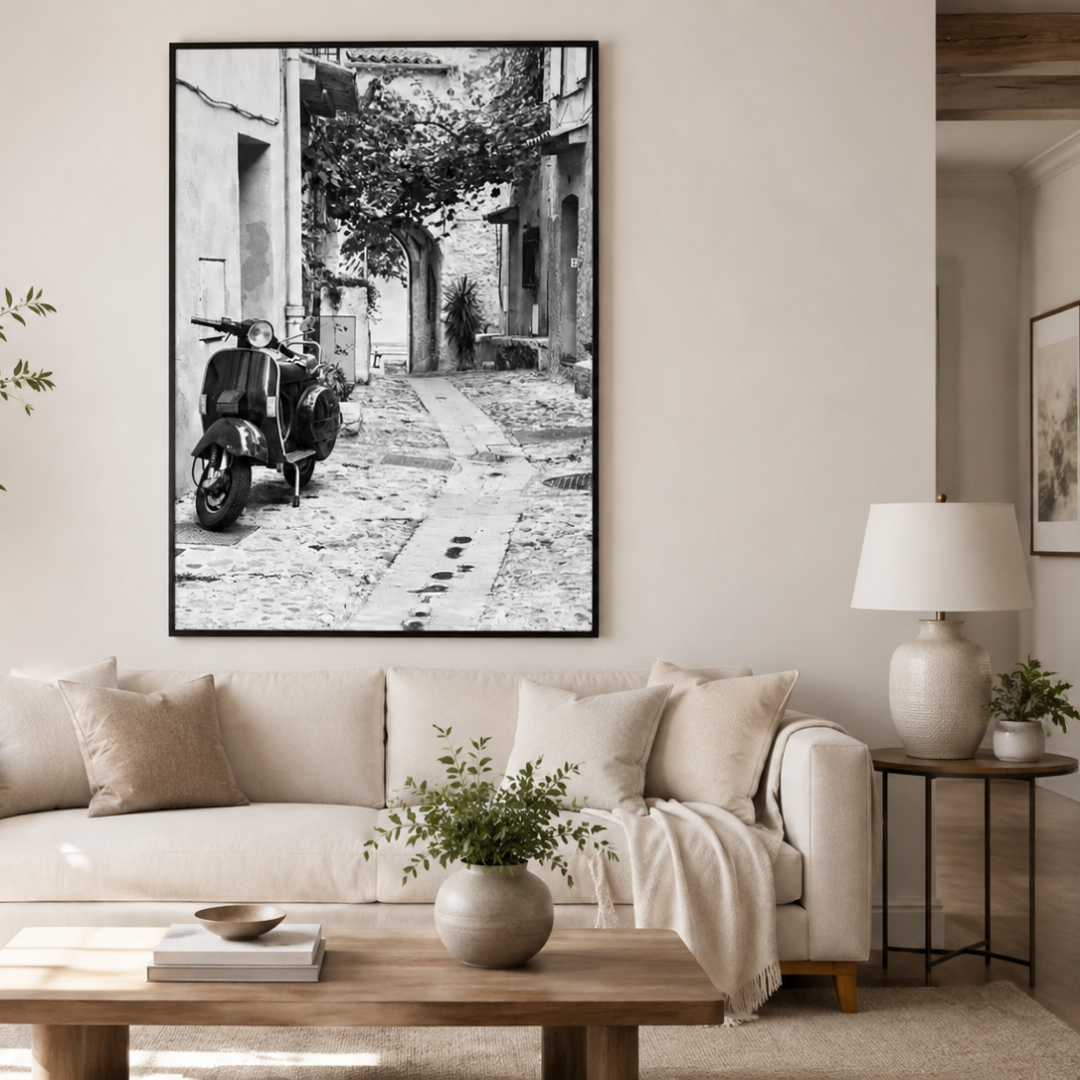 Quiet Streets Vintage Scooter Black And White Canvas Print