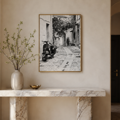 Quiet Streets Vintage Scooter Black And White Canvas Print