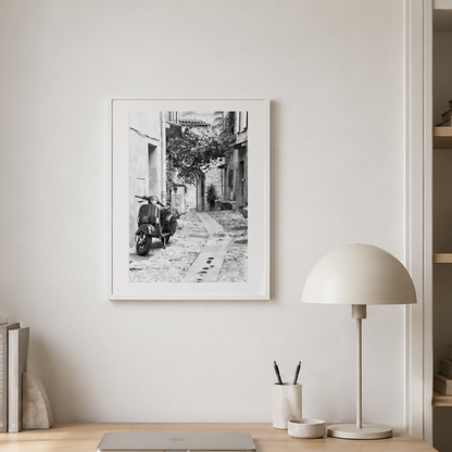 Quiet Streets Vintage Scooter Black And White Canvas Print