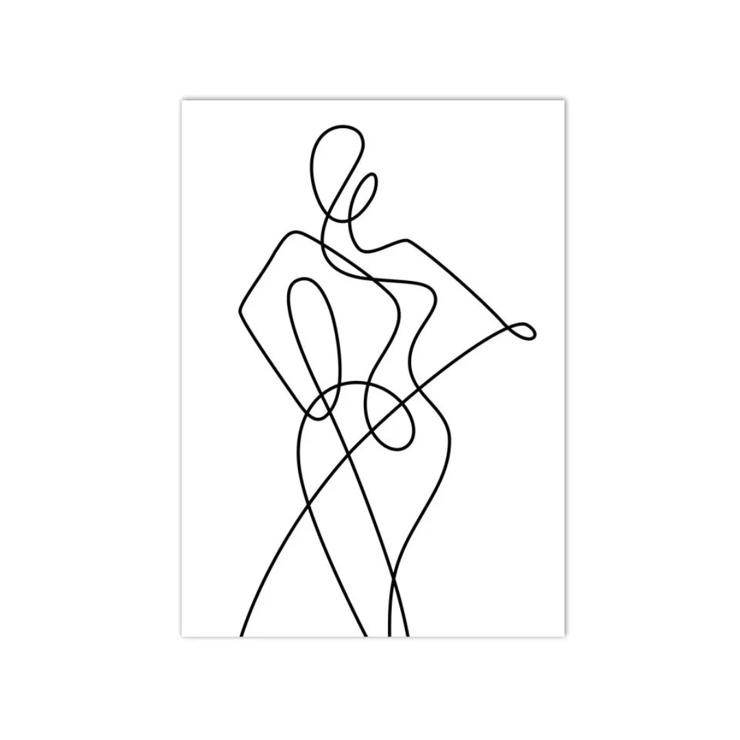 Minimalist black continuous-line art print depicting a stylized female figure on a white background, presented as a vertical poster with a thin black border.