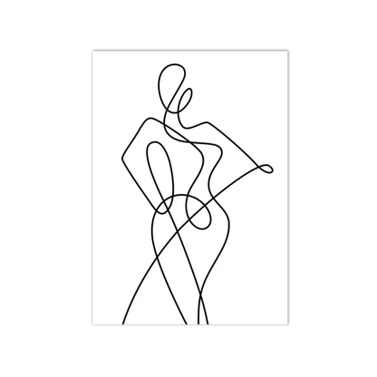 Minimalist black continuous-line art print depicting a stylized female figure on a white background, presented as a vertical poster with a thin black border.