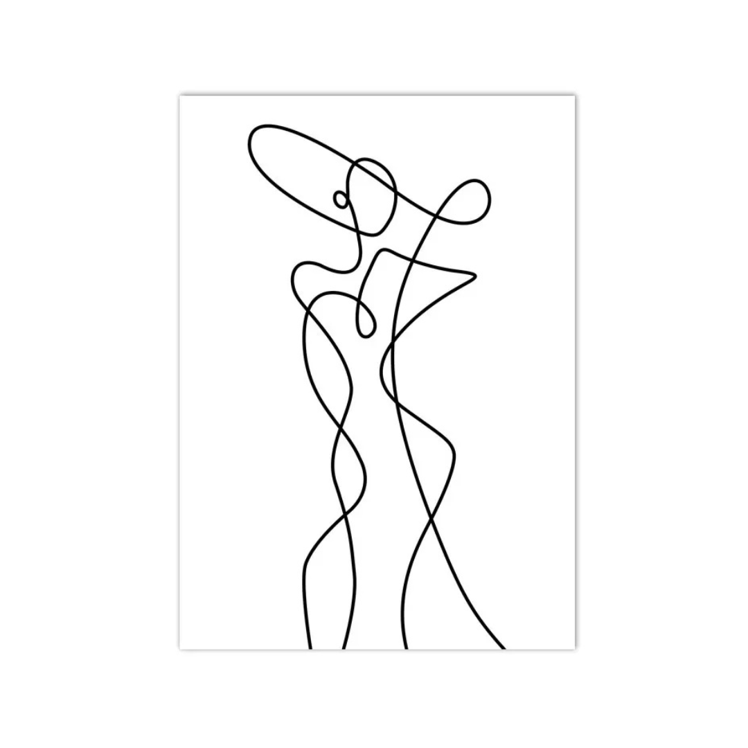 A minimalist black and white art print featuring an abstract, continuous-line figure design on a white background.