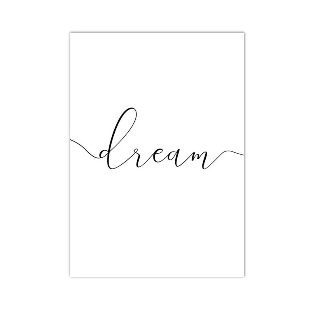 Minimalist wall art print featuring the word 'dream' in black cursive script across a white rectangular canvas, centered on a light gray background.