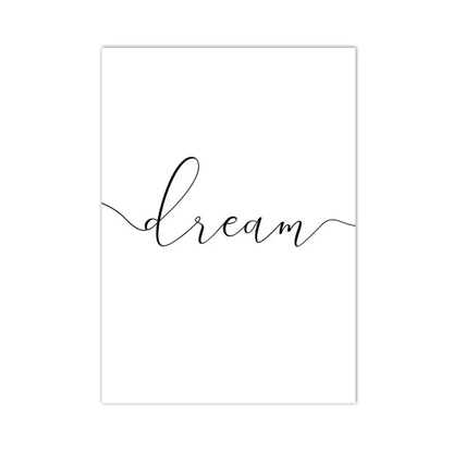 Minimalist wall art print featuring the word 'dream' in black cursive script across a white rectangular canvas, centered on a light gray background.
