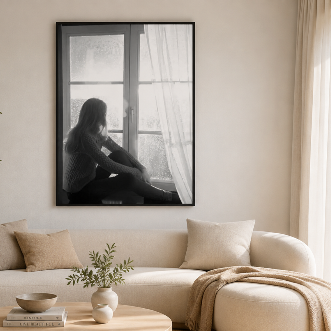 Rainy Window Girl Black And White Canvas Print