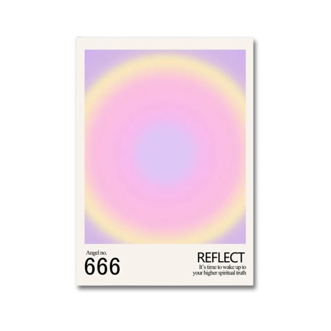 A rectangular art print or poster with a white border, featuring a pastel gradient circular design in pink, purple, and yellow, with black text at the bottom reading 'Angel no. 666' and 'REFLECT It's time to wake up to your higher spiritual truth.