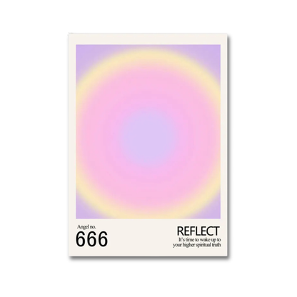 A rectangular art print or poster with a white border, featuring a pastel gradient circular design in pink, purple, and yellow, with black text at the bottom reading 'Angel no. 666' and 'REFLECT It's time to wake up to your higher spiritual truth.