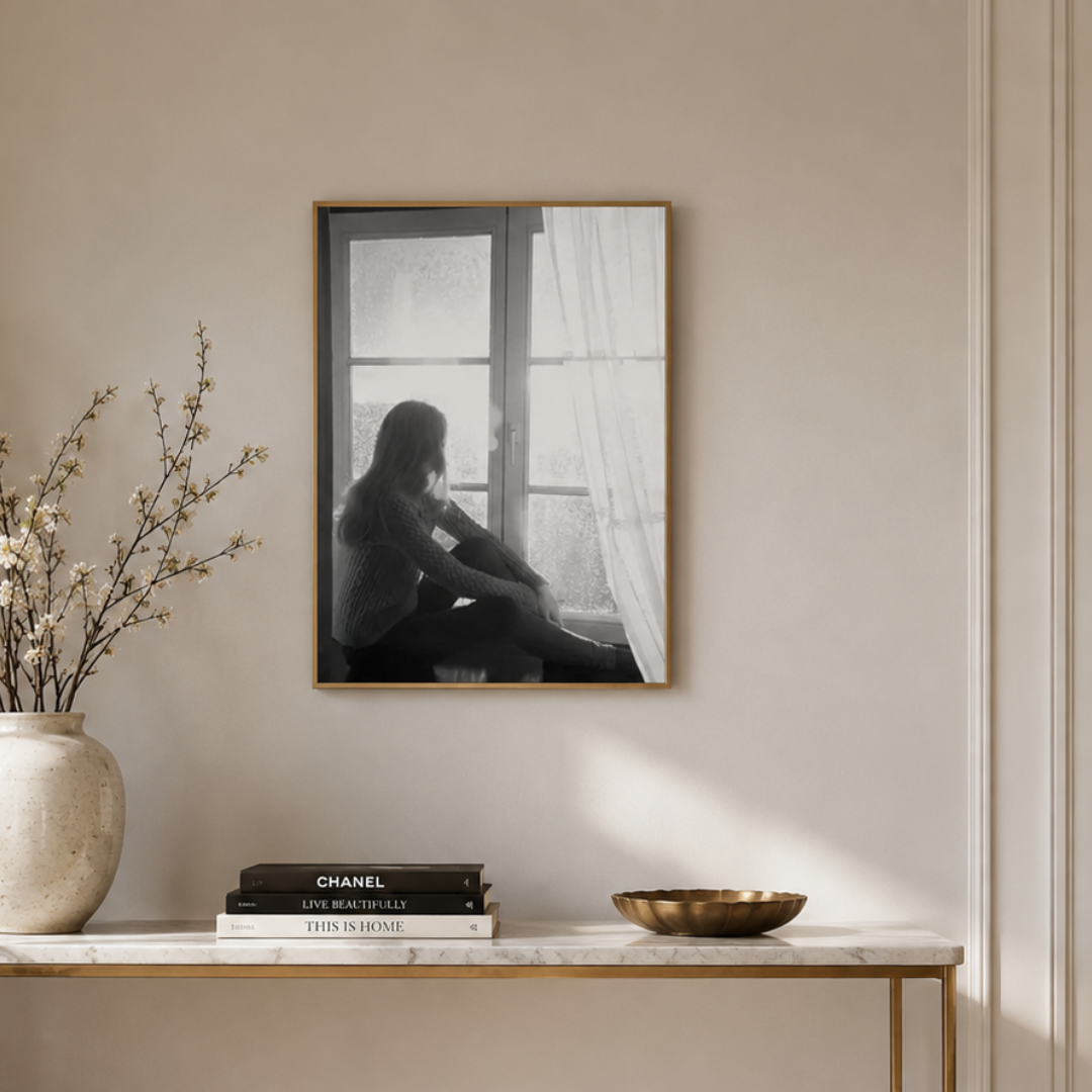 Rainy Window Girl Black And White Canvas Print