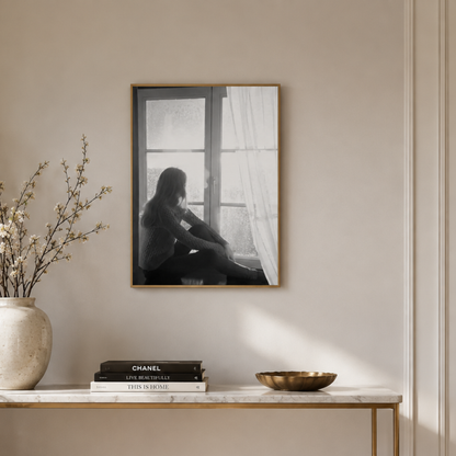 Rainy Window Girl Black And White Canvas Print