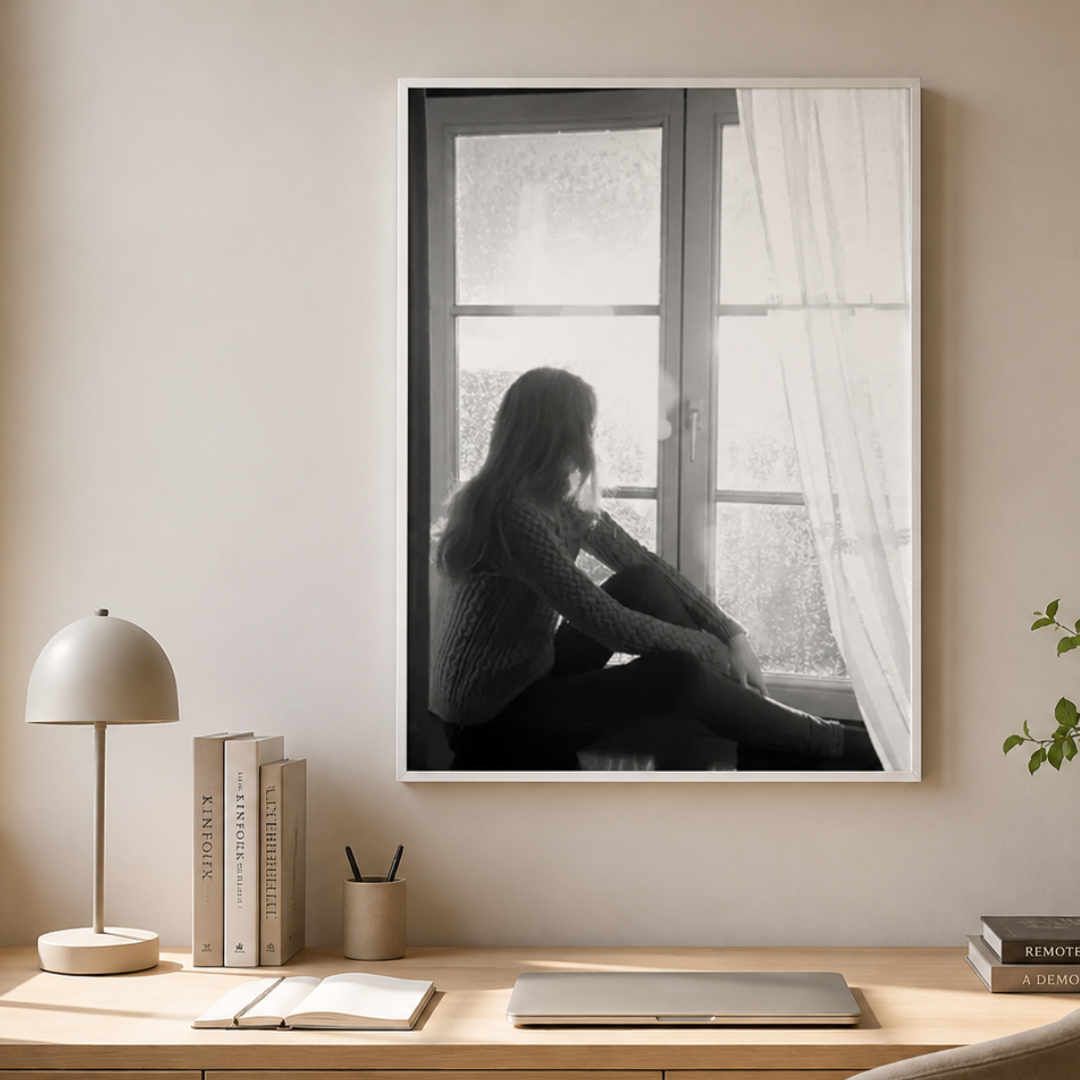 Rainy Window Girl Black And White Canvas Print