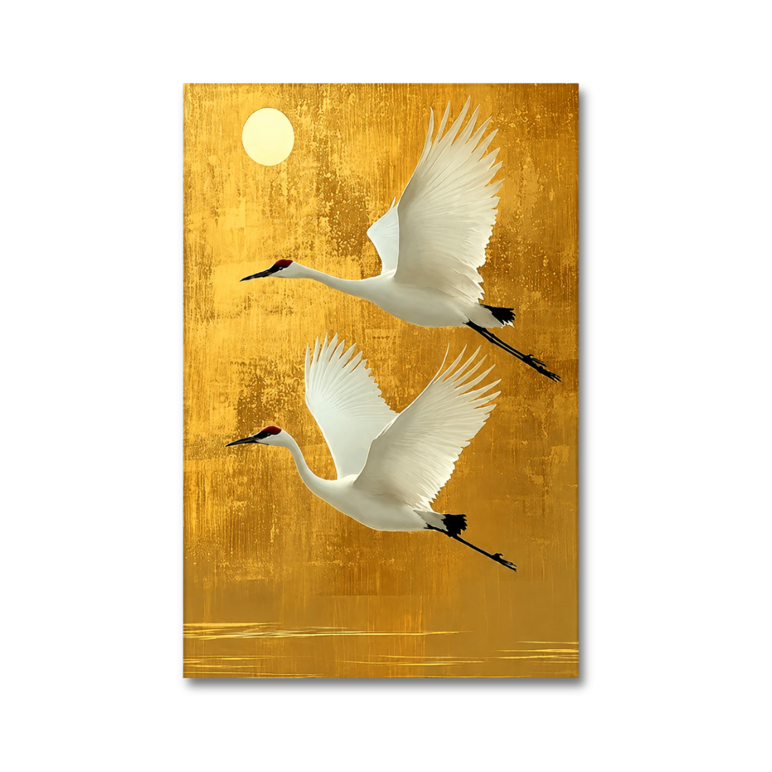 White Crane Golden Sky Canvas Print