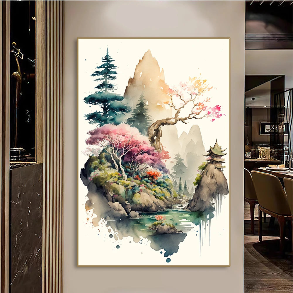 japanese style watercolor landscape aesthetic canvas wall art