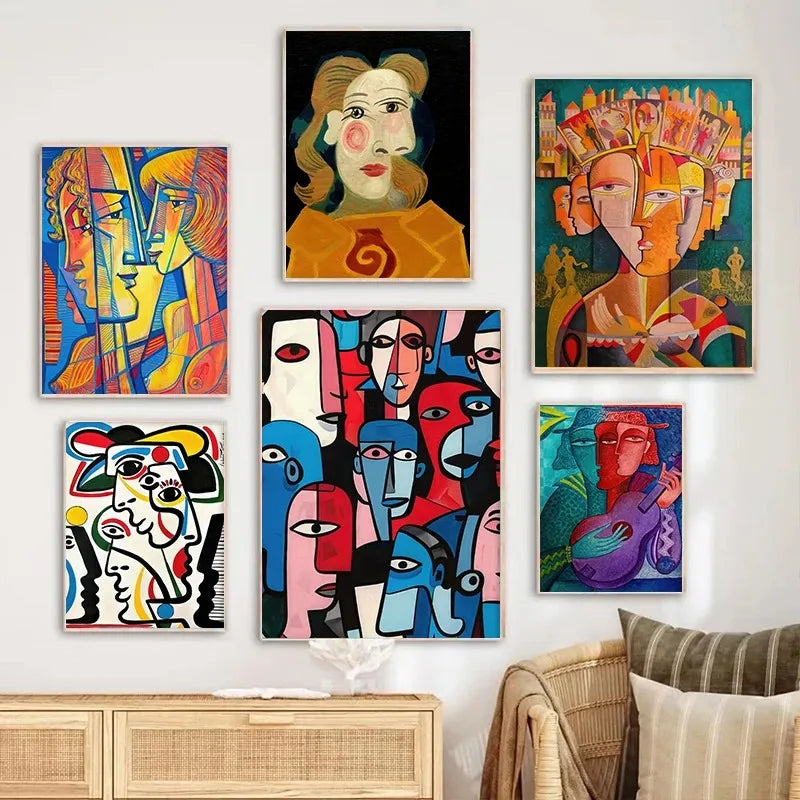 Geometric mosaic human face abstract canvas wall art