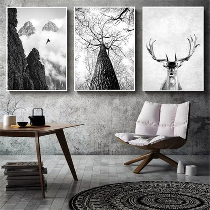 black and white foggy forest canvas with tree branch and deer