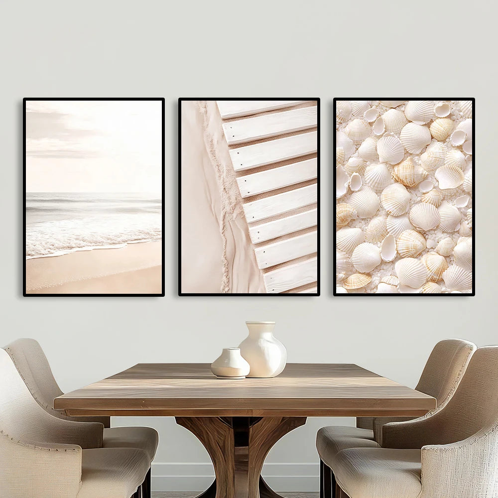 beach sunset with seagull and bridge with beige reeds Nordic canvas wall art