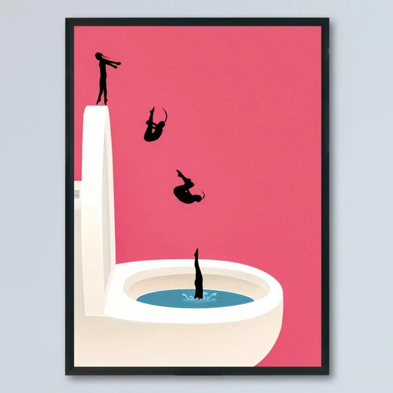 frameless vintage pink bathroom canvas with girls jumping into a toilet