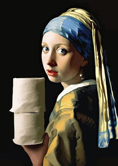 funny bathroom canvas with Mona Lisa and Girl with a Pearl Earring toilet-paper gag