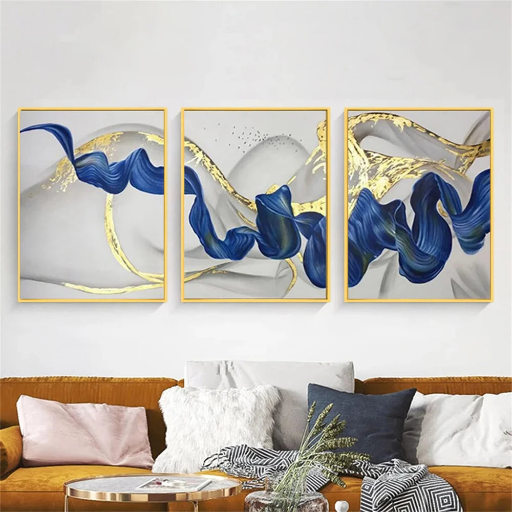 Three-panel blue and gold abstract wave canvas wall art