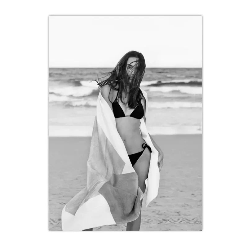 black and white coastal canvas with coconut palms sea and figure silhouette