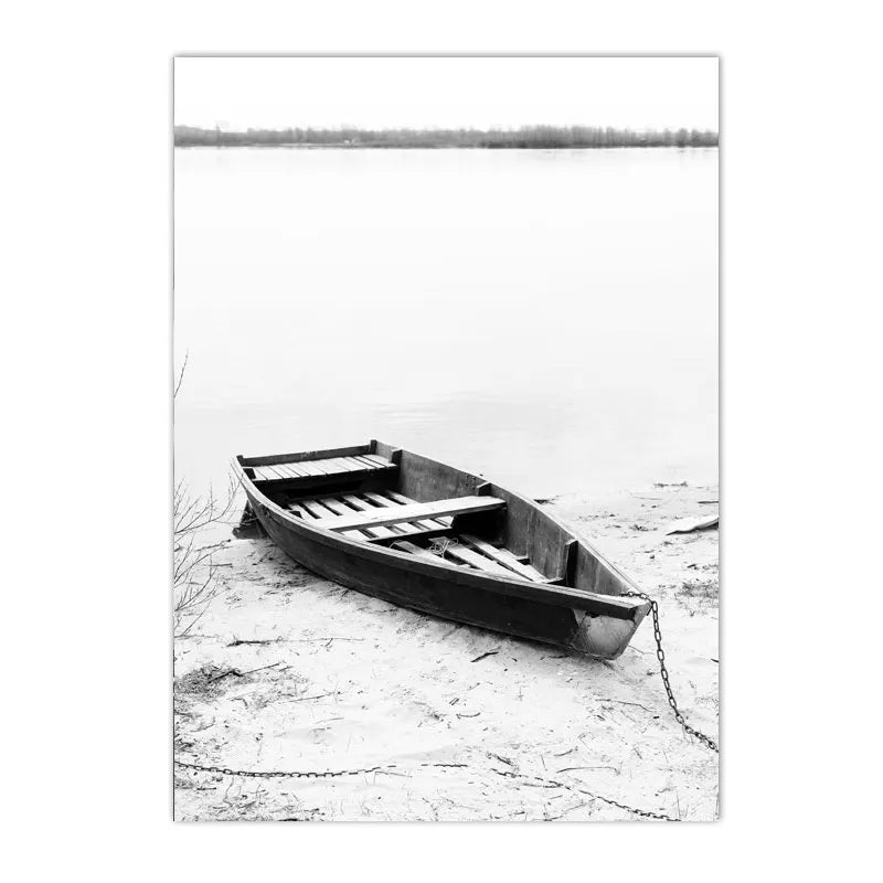 black and white coastal bridge boat palm sea waves nordic canvas