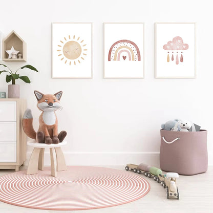 sun cloud heart rainbow boho Nordic kids canvas wall art