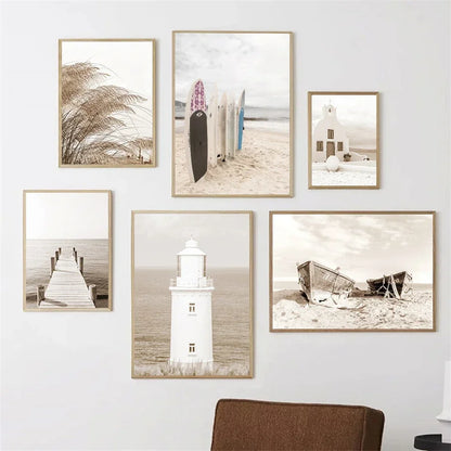 beige coastal canvas with surfboard lighthouse and reed bridge