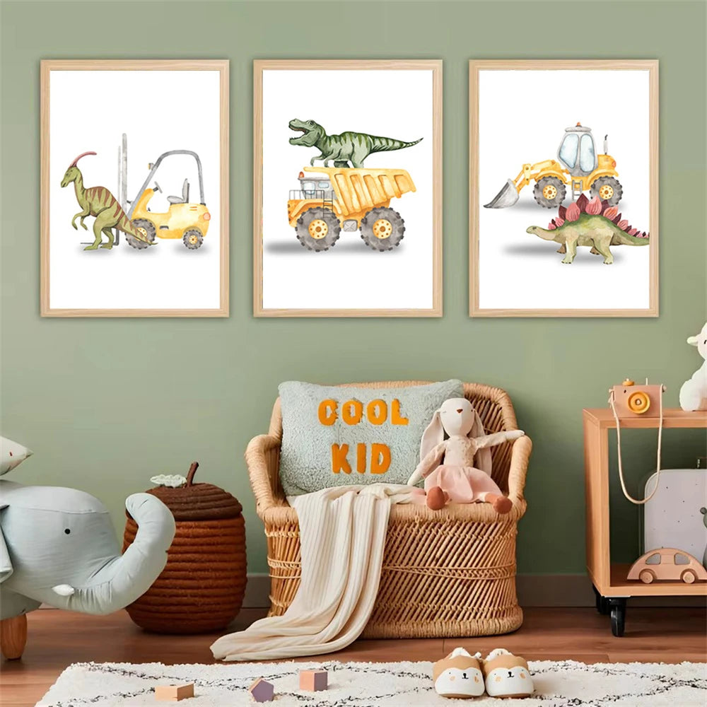Cartoon dinosaur with trucks, tractor and excavator kids’ canvas