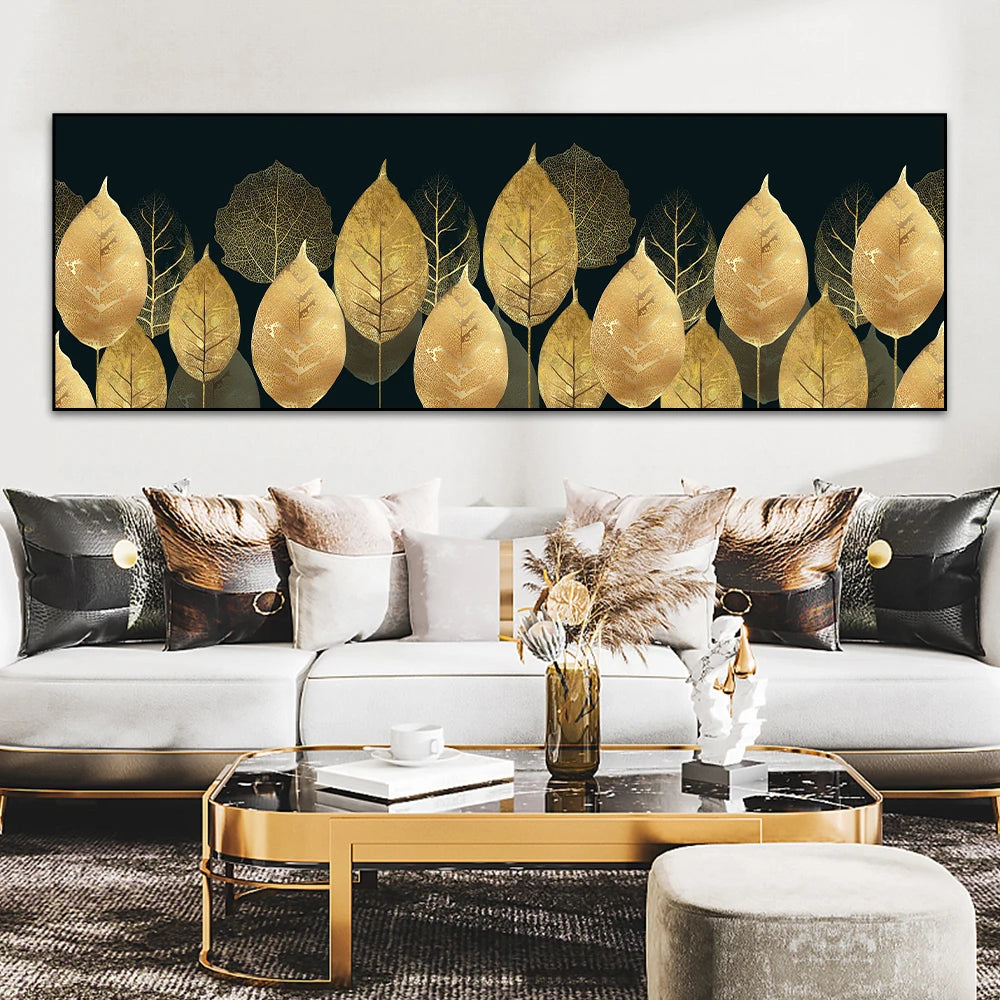 Black and gold monstera and ginkgo leaves botanical canvas wall art