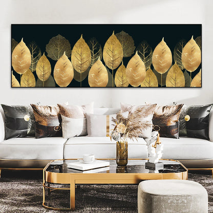 Black and gold monstera and ginkgo leaves botanical canvas wall art