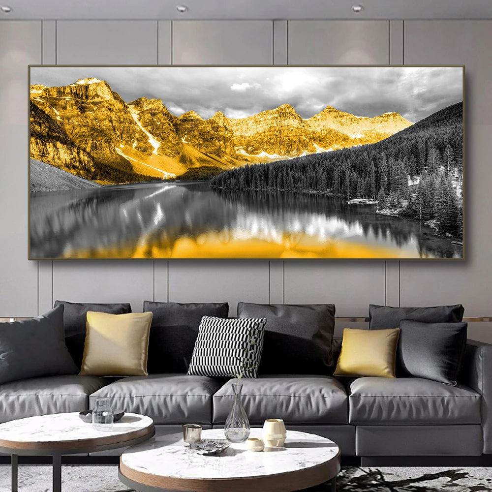 Golden mountains reflected in black lake modern landscape canvas wall art
