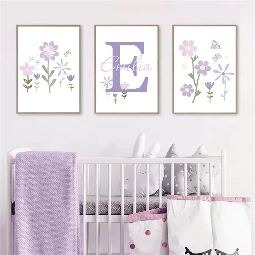 purple floral butterfly nursery canvas with custom baby name