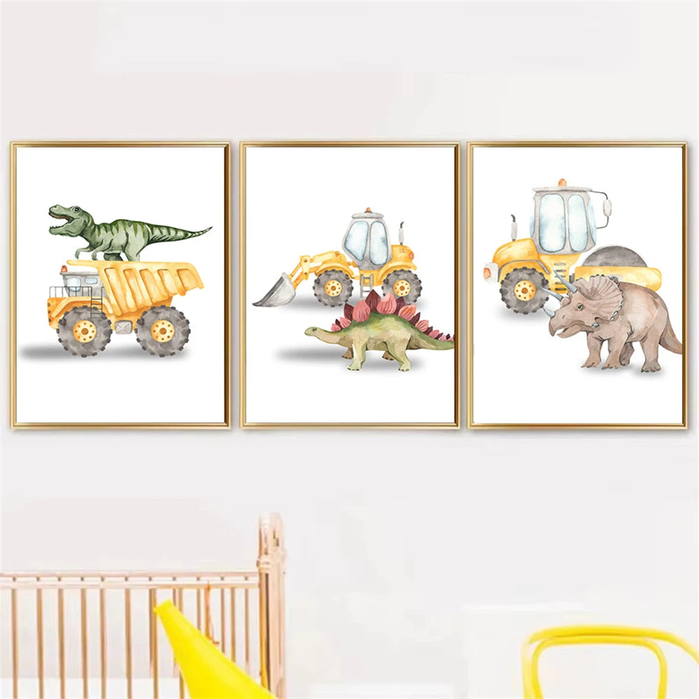 Cartoon dinosaur with trucks, tractor and excavator kids’ canvas