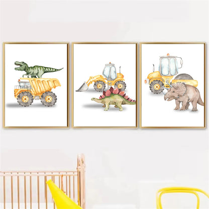Cartoon dinosaur with trucks, tractor and excavator kids’ canvas