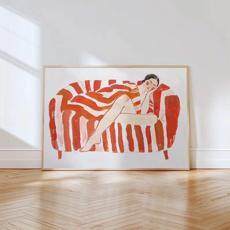 modern line art woman over red and orange striped background canvas