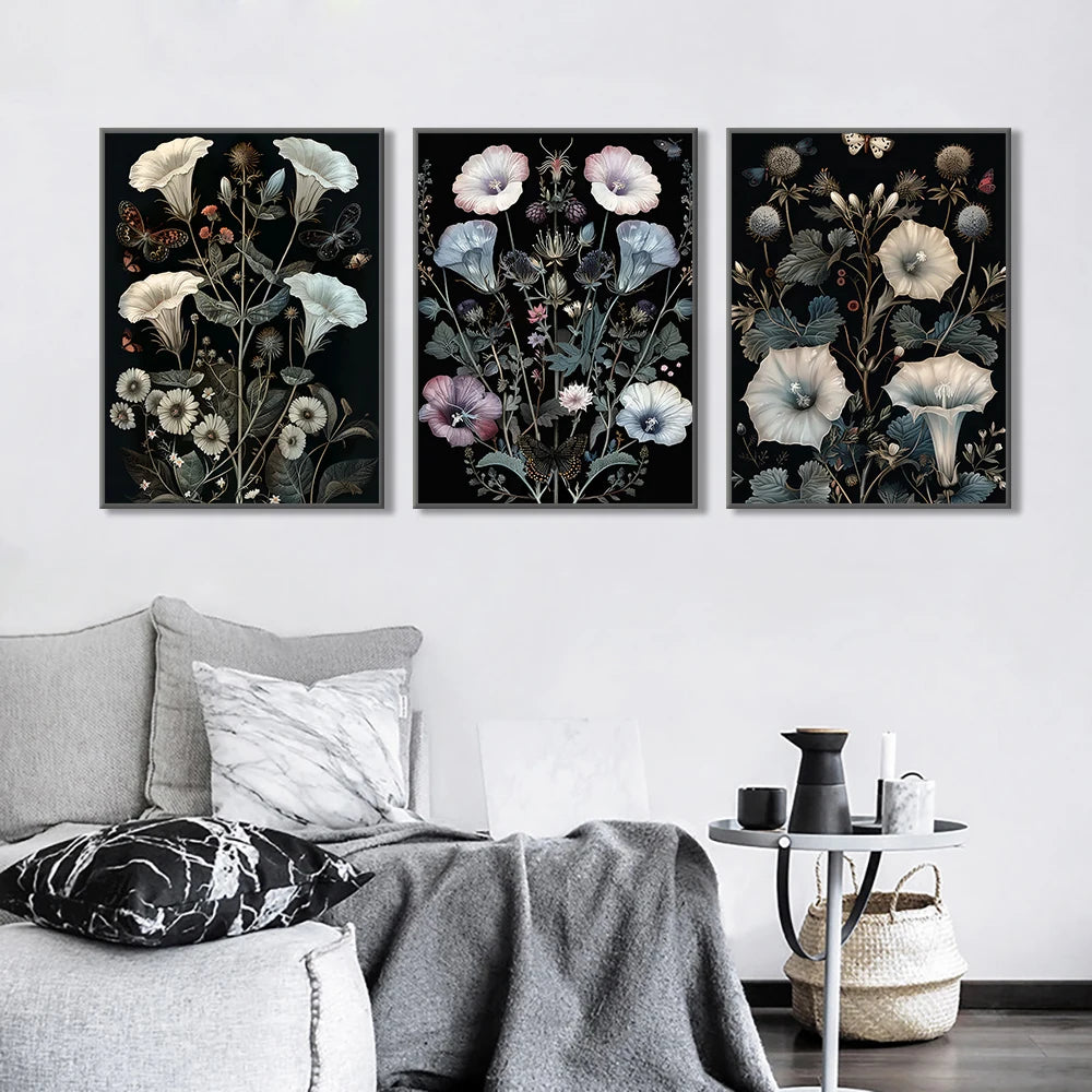 Vintage botanical butterfly with morning glory and ferns canvas