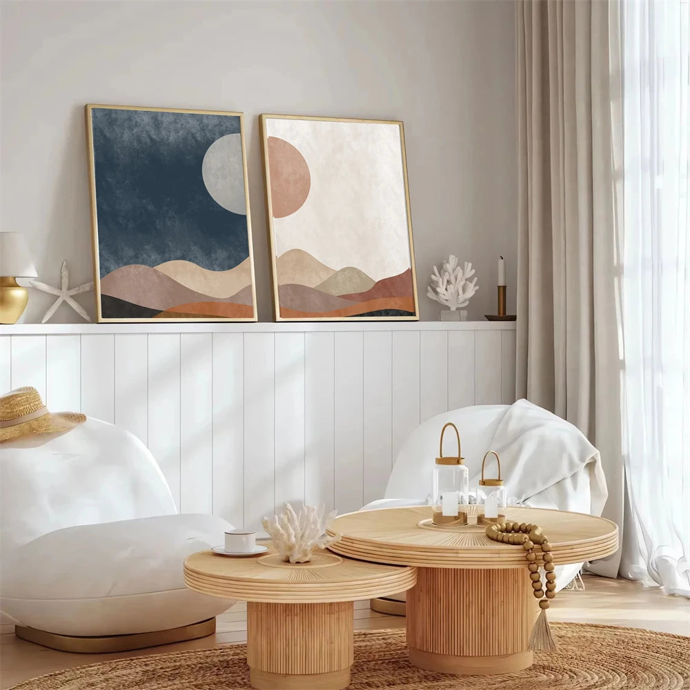 boho mid century abstract sun moon mountain canvas