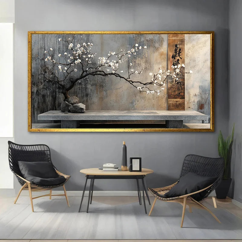 frameless abstract canvas with vintage stone terrace and flowering branch