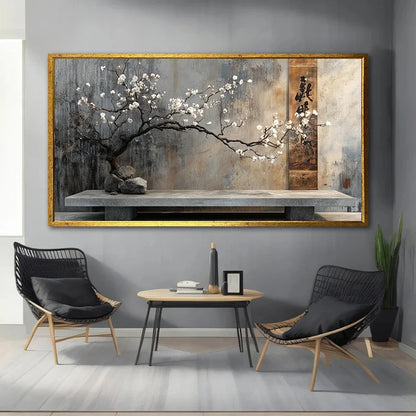 frameless abstract canvas with vintage stone terrace and flowering branch