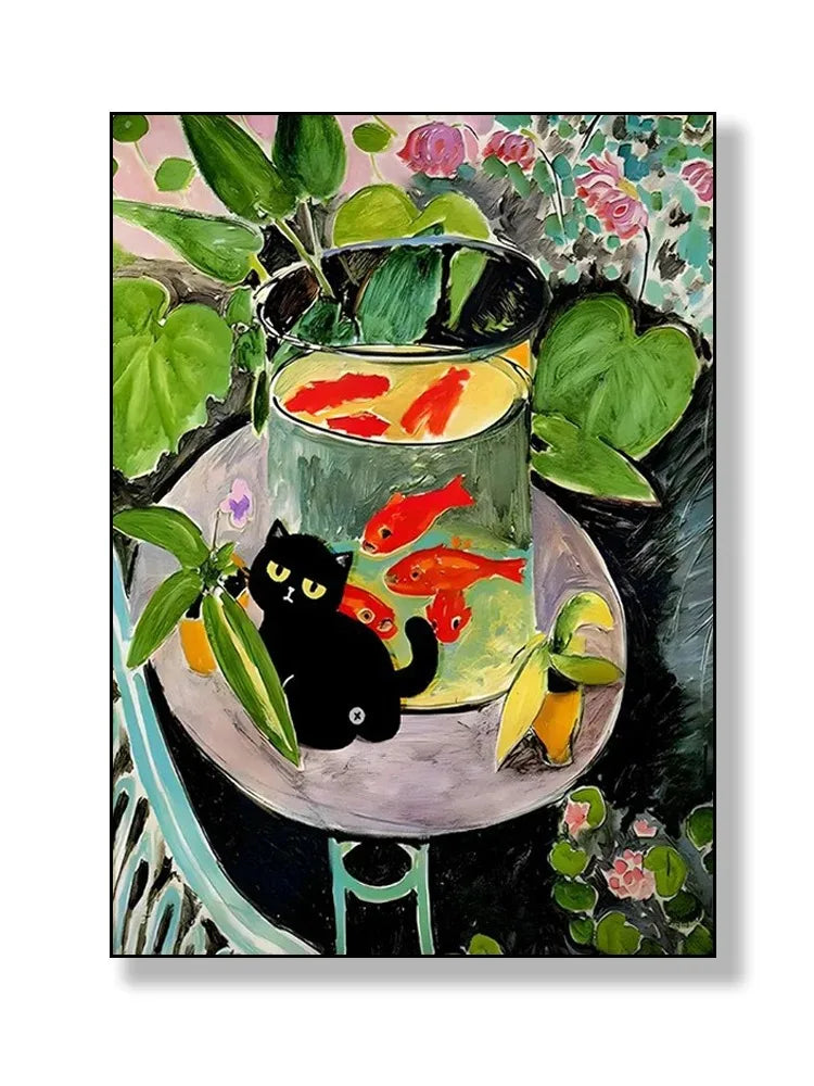 black cat with impressionist water lilies canvas wall art
