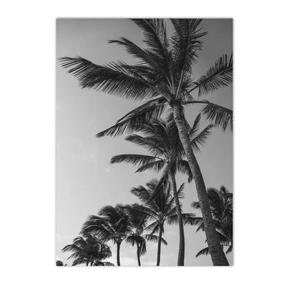 black and white coastal canvas with coconut palms sea and figure silhouette