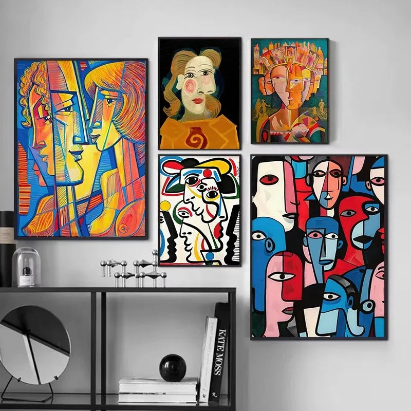 Geometric mosaic human face abstract canvas wall art