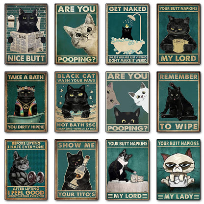 funny black cat are you pooping bathroom canvas sign