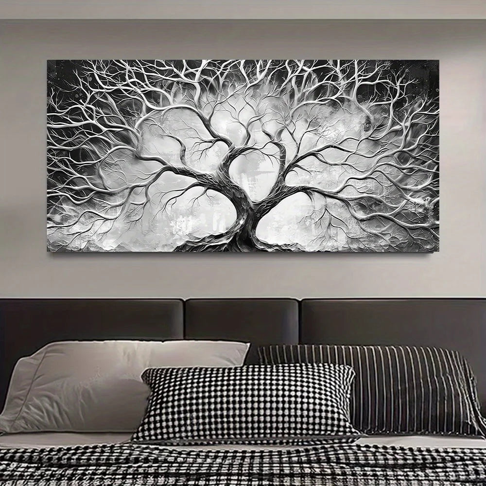 minimalist tree of life with black and white scandinavian forest canvas