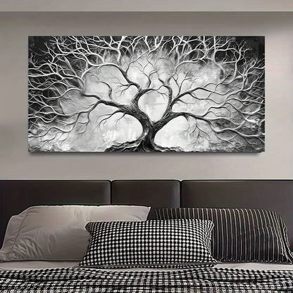 minimalist tree of life with black and white scandinavian forest canvas