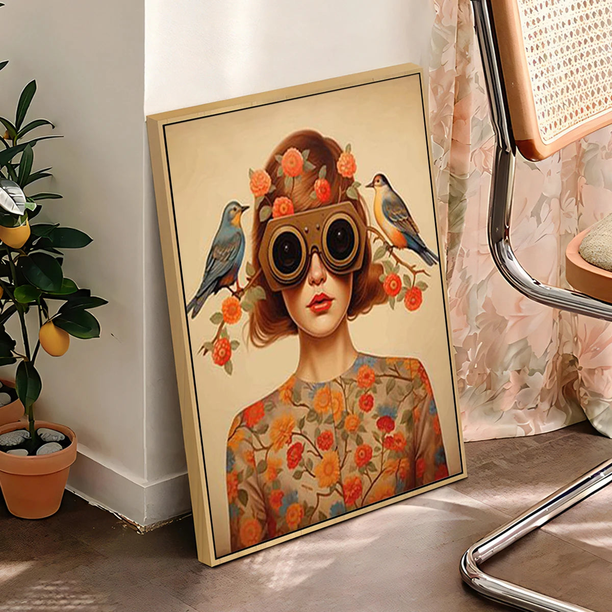 nordic scandinavian portrait woman with glasses flowers and birds canvas