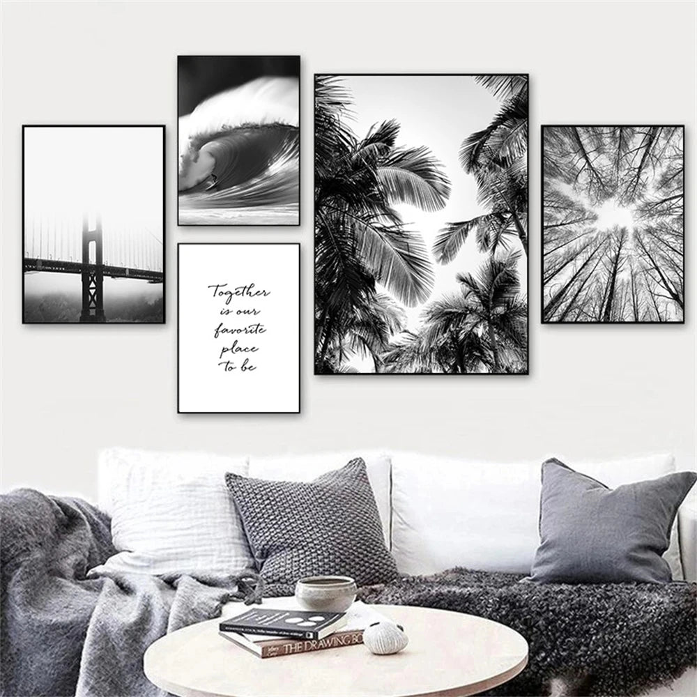 black and white coastal bridge boat palm sea waves nordic canvas