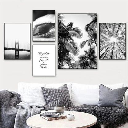 black and white coastal bridge boat palm sea waves nordic canvas