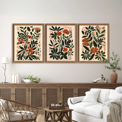 Three-piece boho abstract flower botanical canvas wall art
