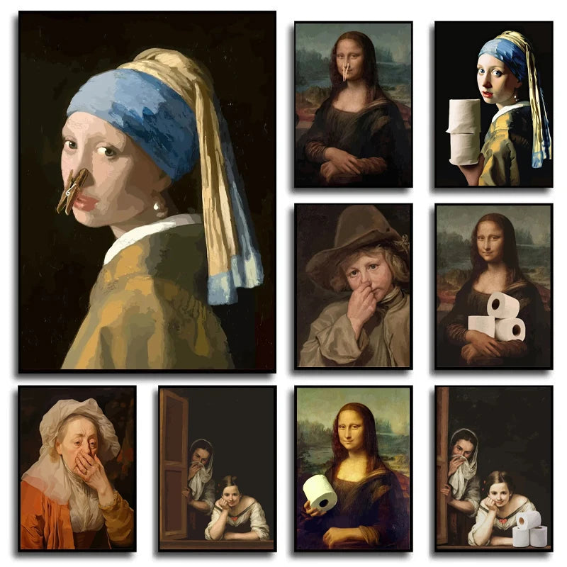 funny bathroom canvas with Mona Lisa and Girl with a Pearl Earring toilet-paper gag